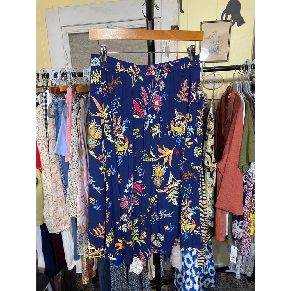 Talbots Navy Blue Floral Paisley Button Front Midi Skirt Viscose Small - Picture 3 of 4